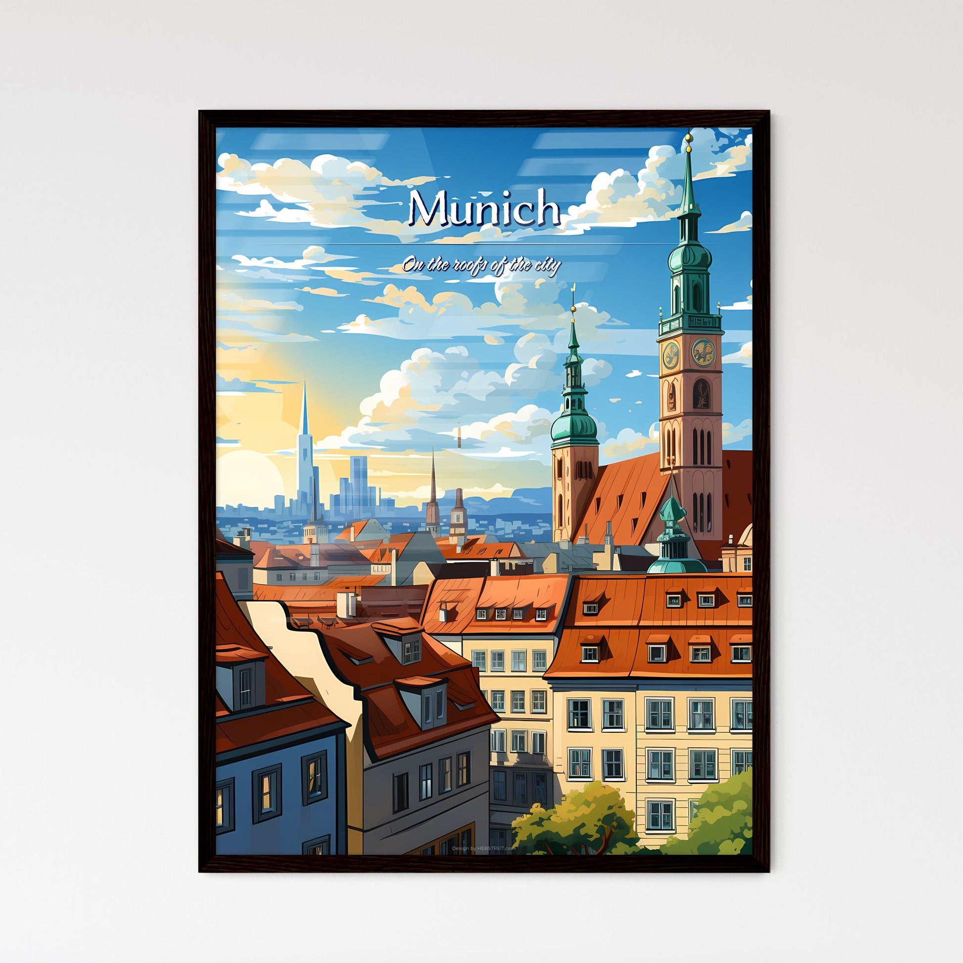 On the roofs of Munich - Art print of a city with a clock tower Framed Art