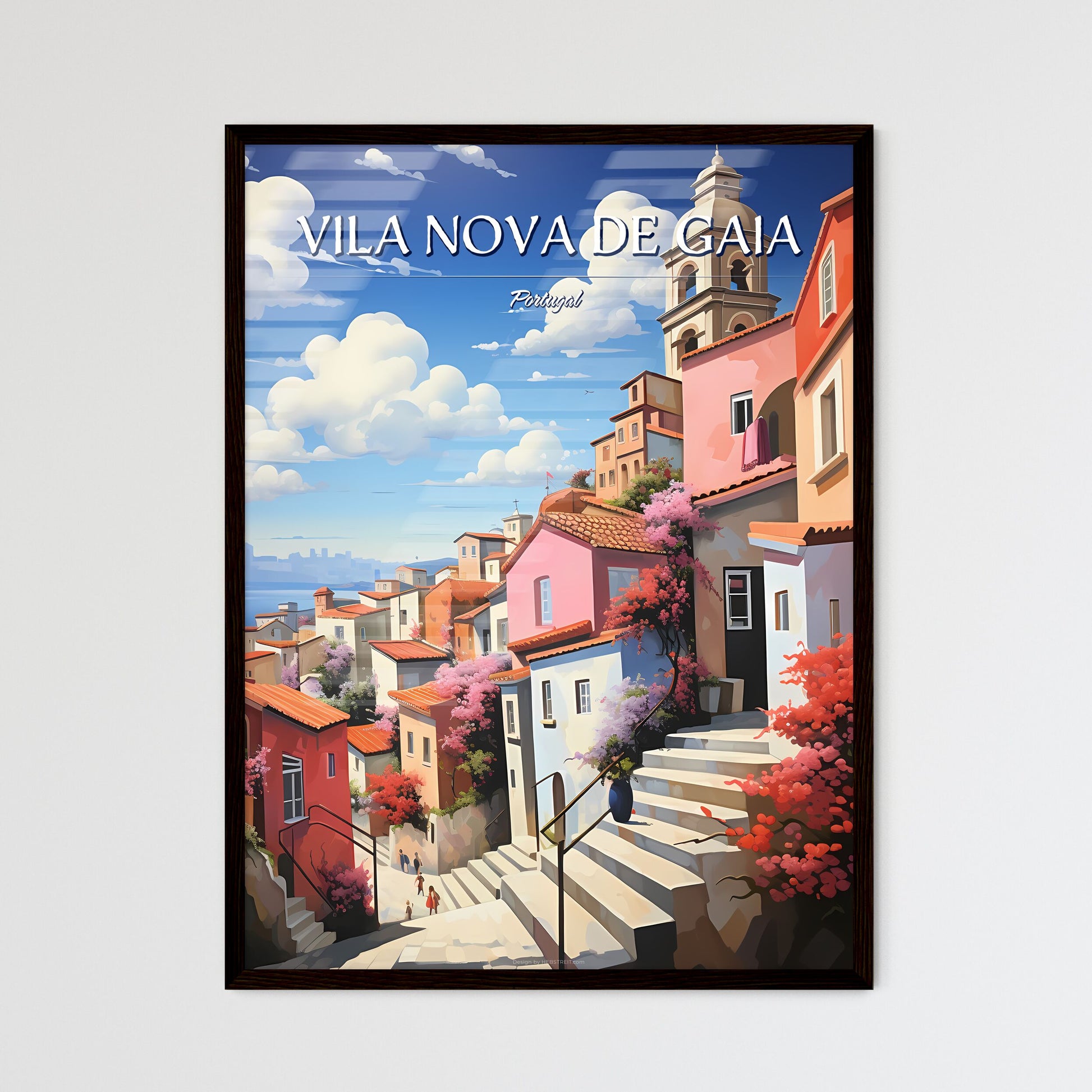 Vila Nova de Gaia, Portugal - Art print of a colorful buildings on a hill Framed Art