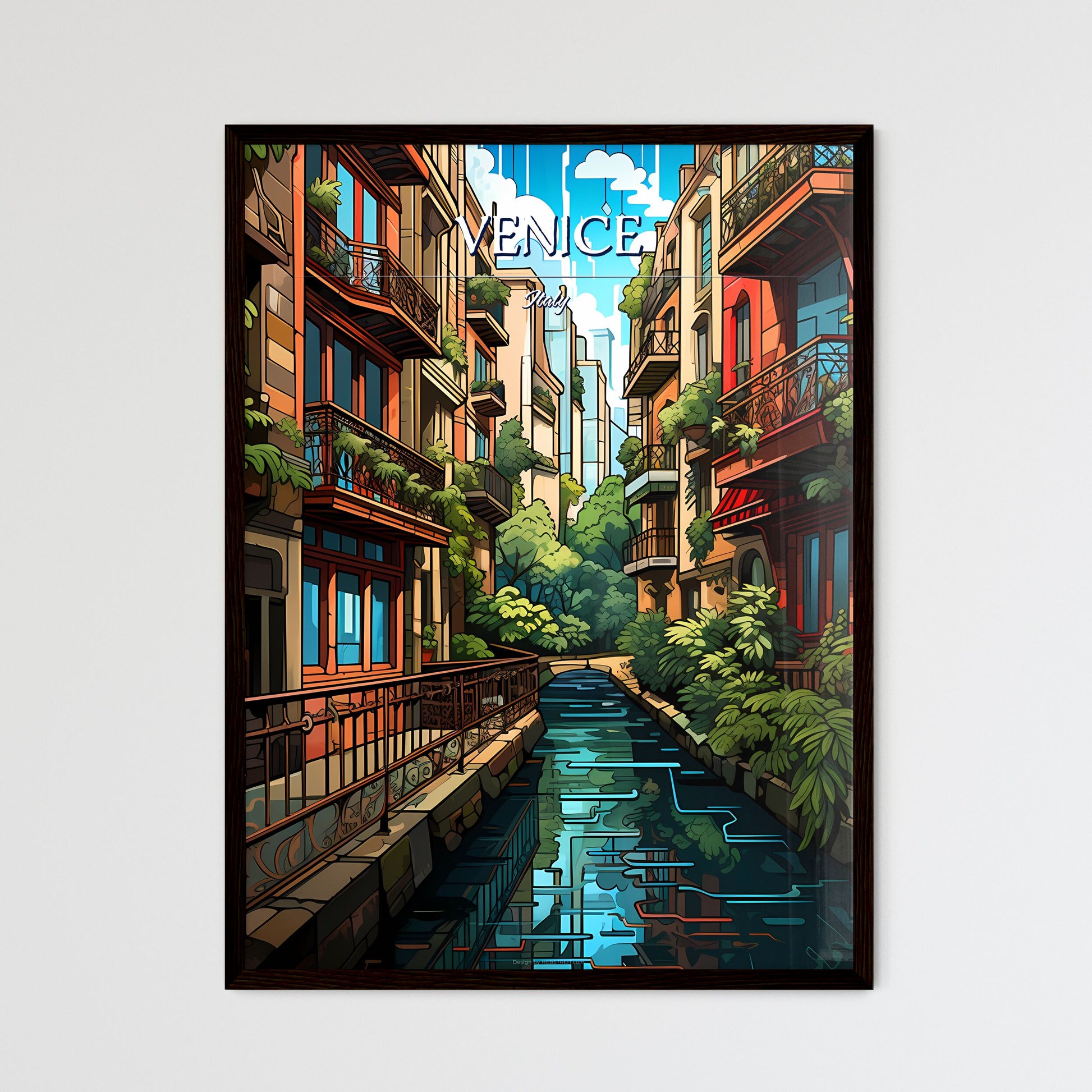 Venice, Italy - Art print of a water channel between buildings with French Quarter in the background Framed Art