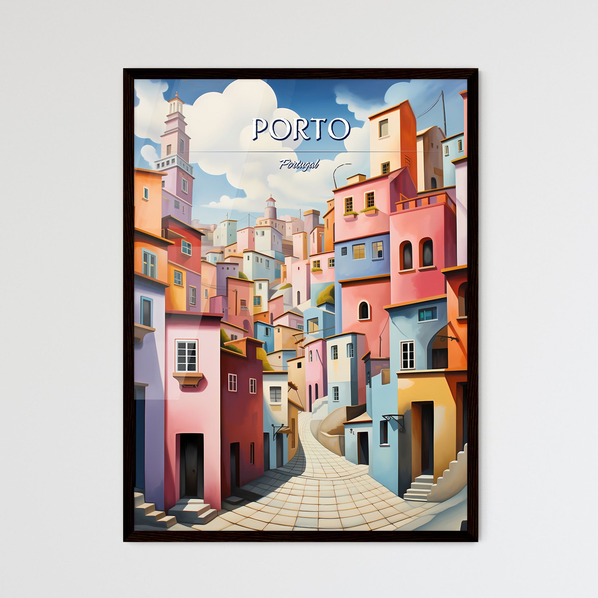 Porto, Portugal - Art print of a colorful city with a stone path Framed Art