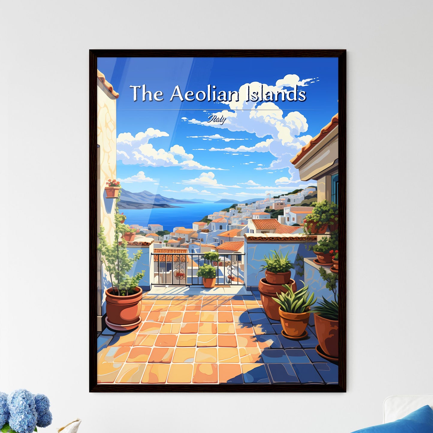 On the roofs of The Aeolian Islands, Italy - Art print of a balcony with potted plants and a view of the sea Framed Art