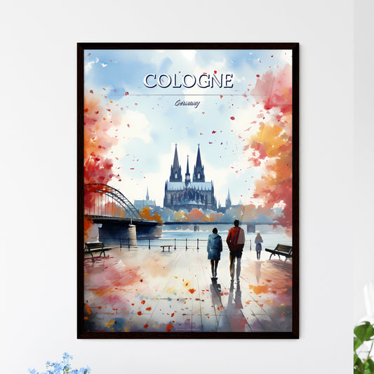 Cologne, Germany - Art print of a watercolor painting of a couple of people walking on a boardwalk Framed Art