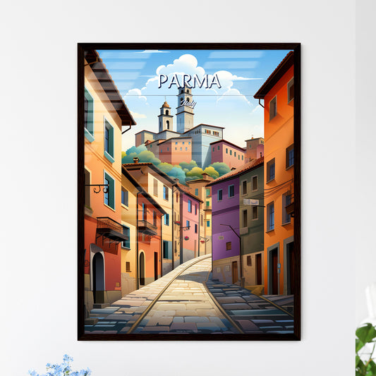 Parma, Italy - Art print of a street with colorful buildings and a tower Framed Art
