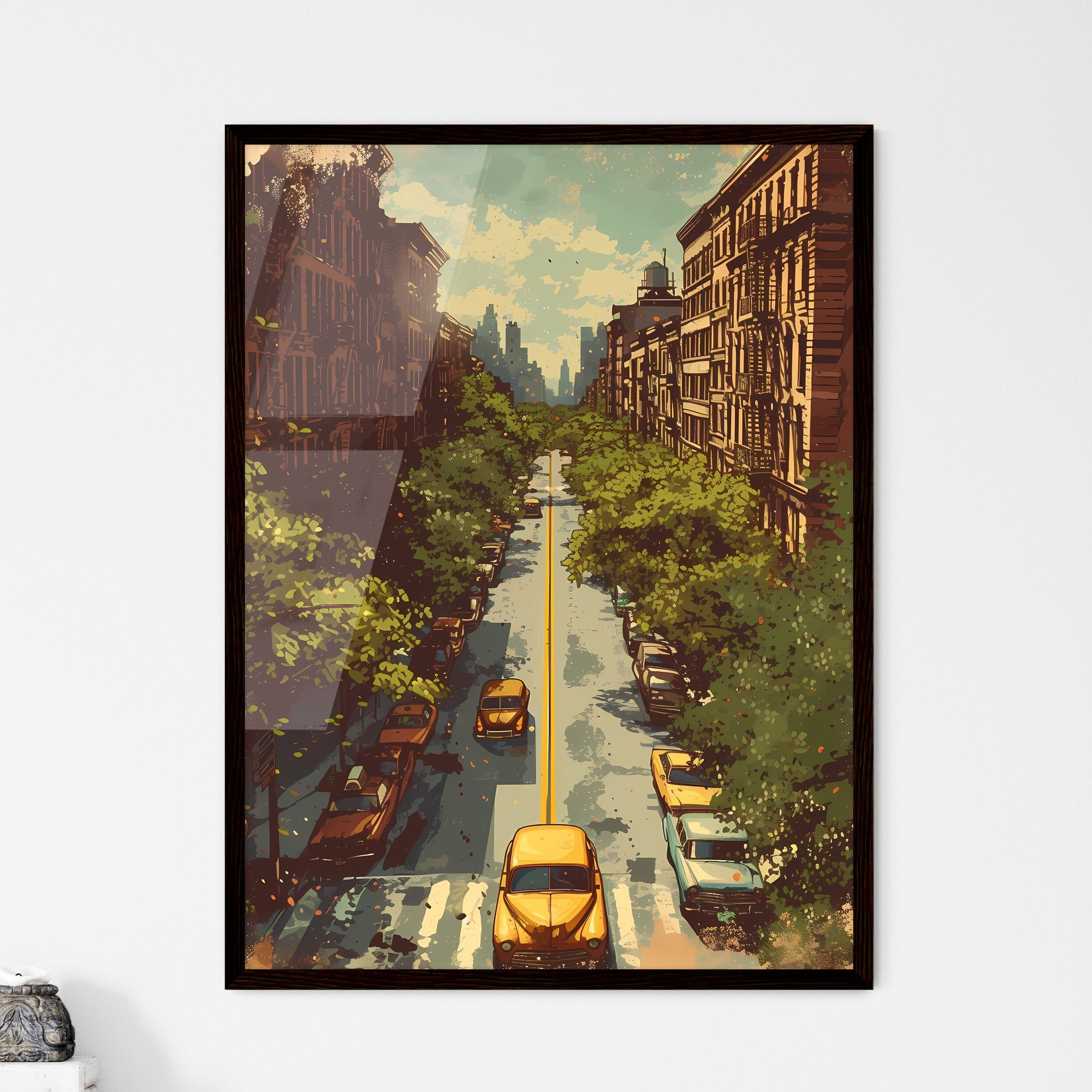 Poster of New York - Art print of a street with cars and buildings Framed Art