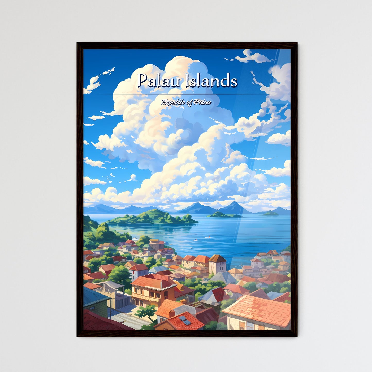 On the roofs of Palau Islands, Republic of Palau - Art print of a city by the water Framed Art
