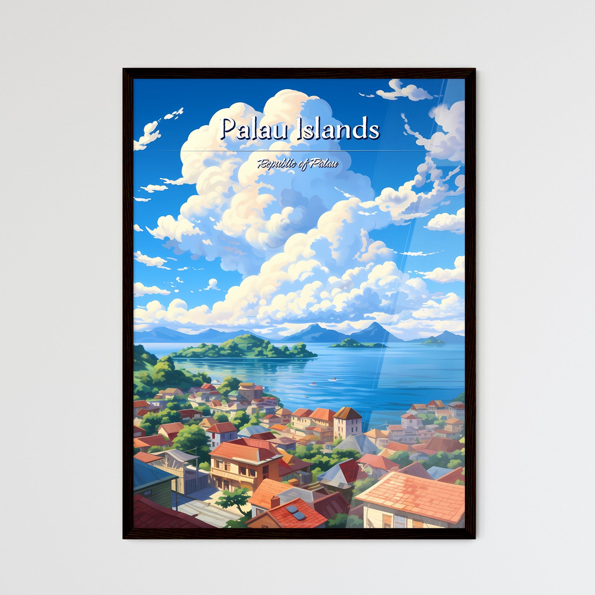 On the roofs of Palau Islands, Republic of Palau - Art print of a city by the water Framed Art