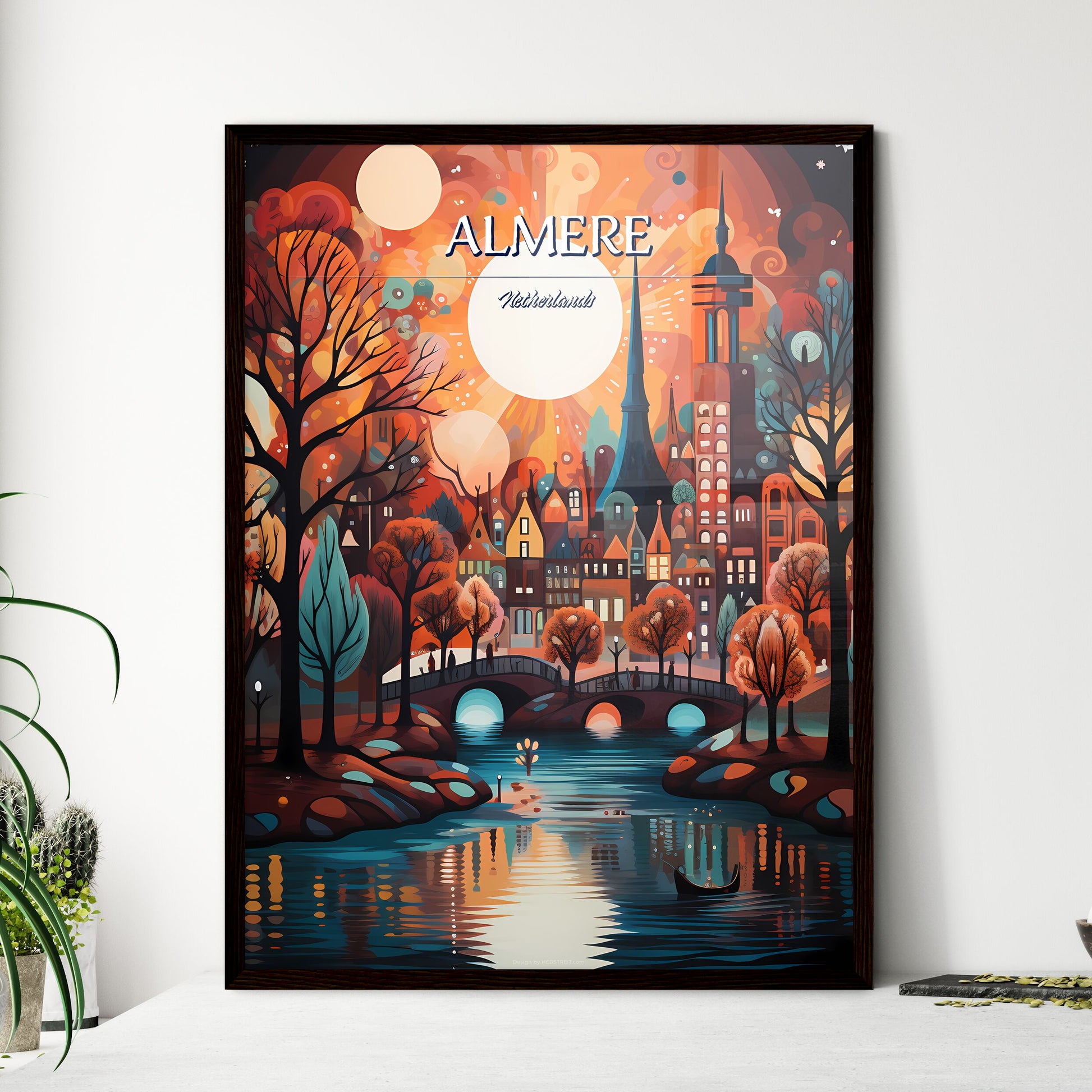 Almere, Netherlands - Art print of a painting of a city with trees and a bridge and a boat Framed Art