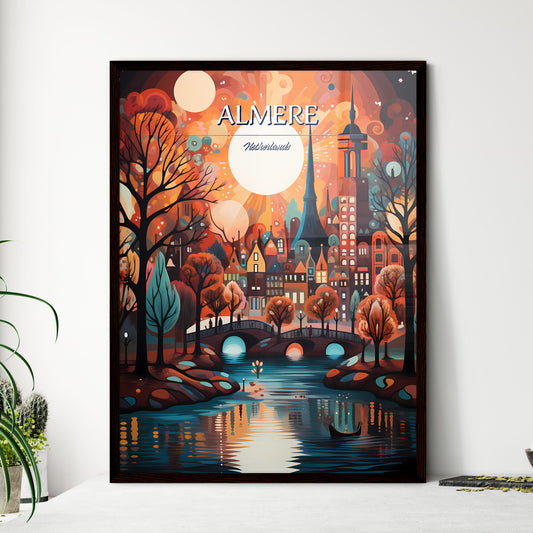 Almere, Netherlands - Art print of a painting of a city with trees and a bridge and a boat Framed Art