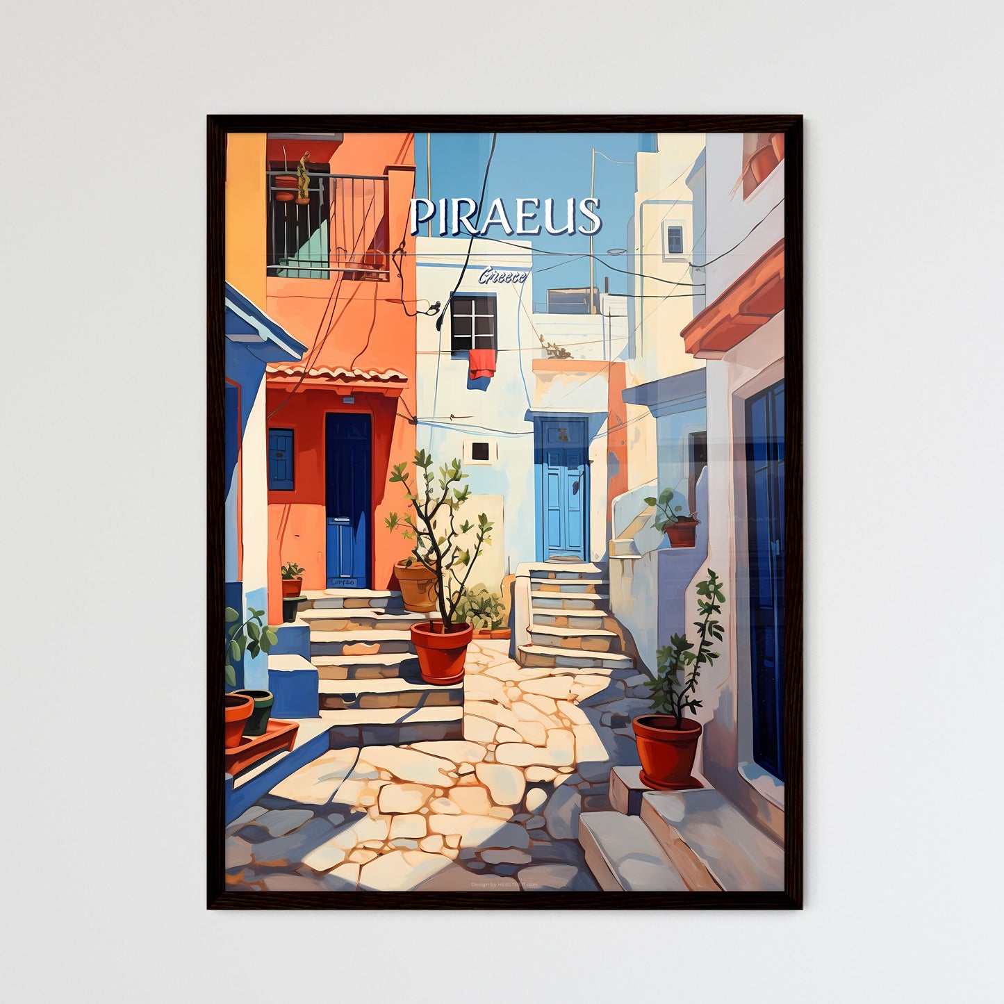Piraeus, Greece - Art print of a painting of a courtyard with stairs and potted plants Framed Art