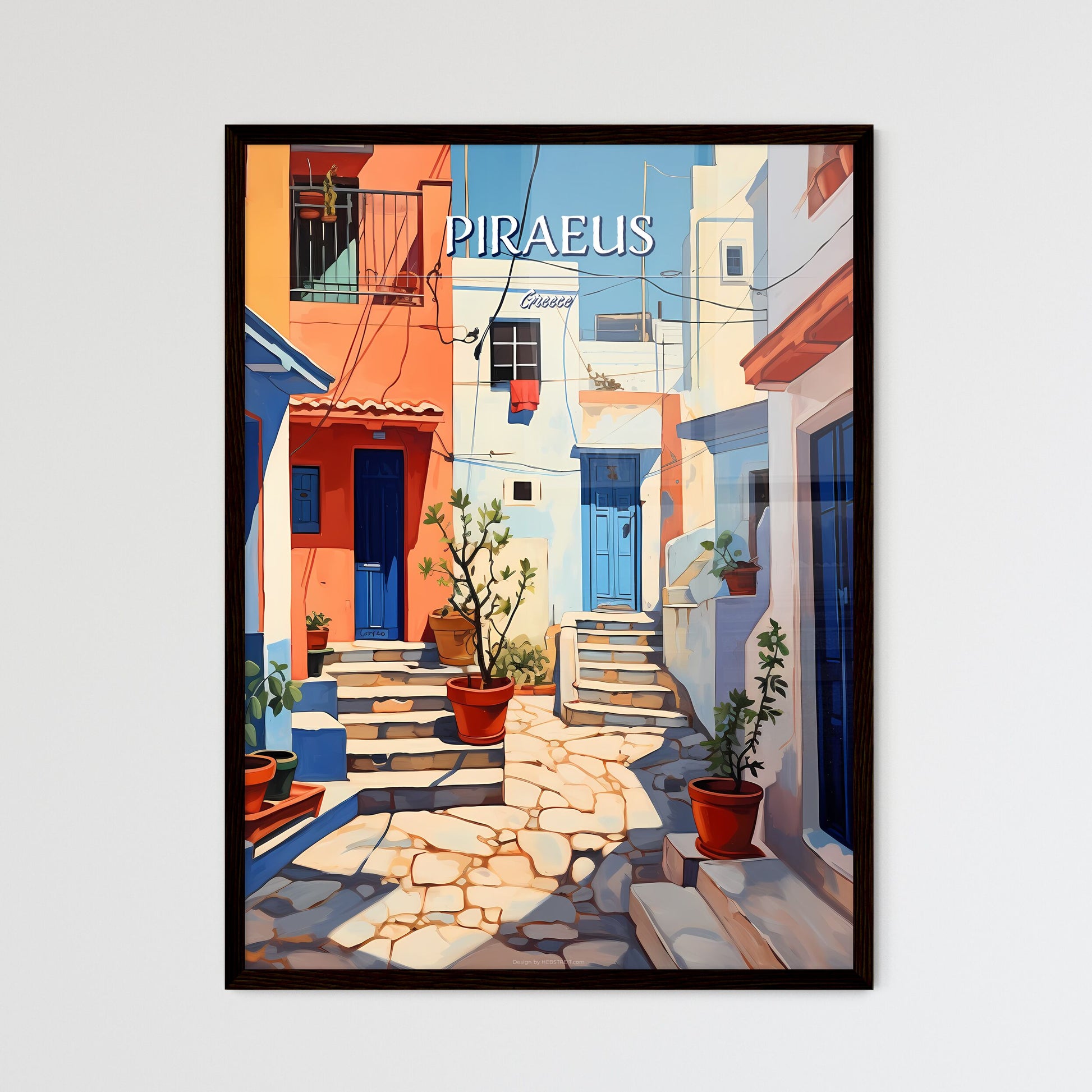 Piraeus, Greece - Art print of a painting of a courtyard with stairs and potted plants Framed Art