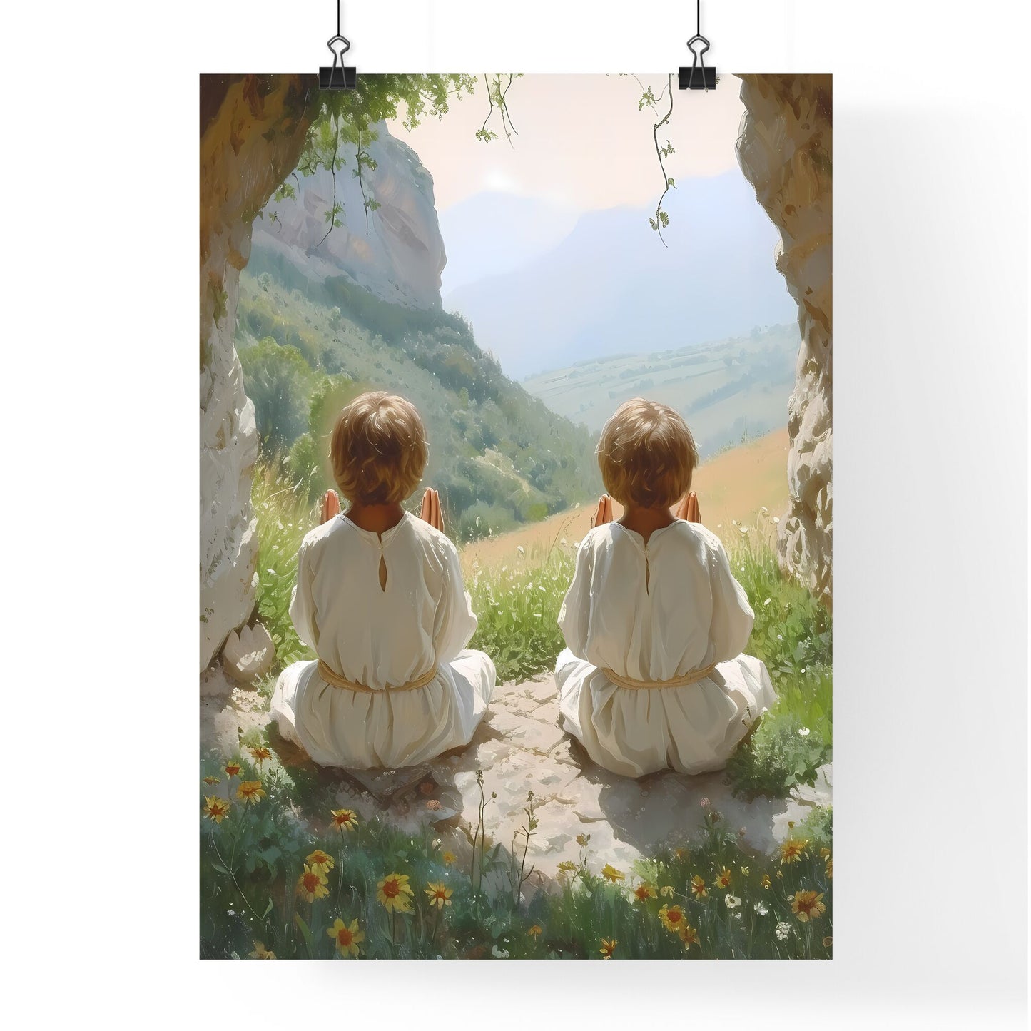Two young man, Cain and Abel, praying to God in a sacred place - Art print of two children sitting in a cave looking at a valley Default Title
