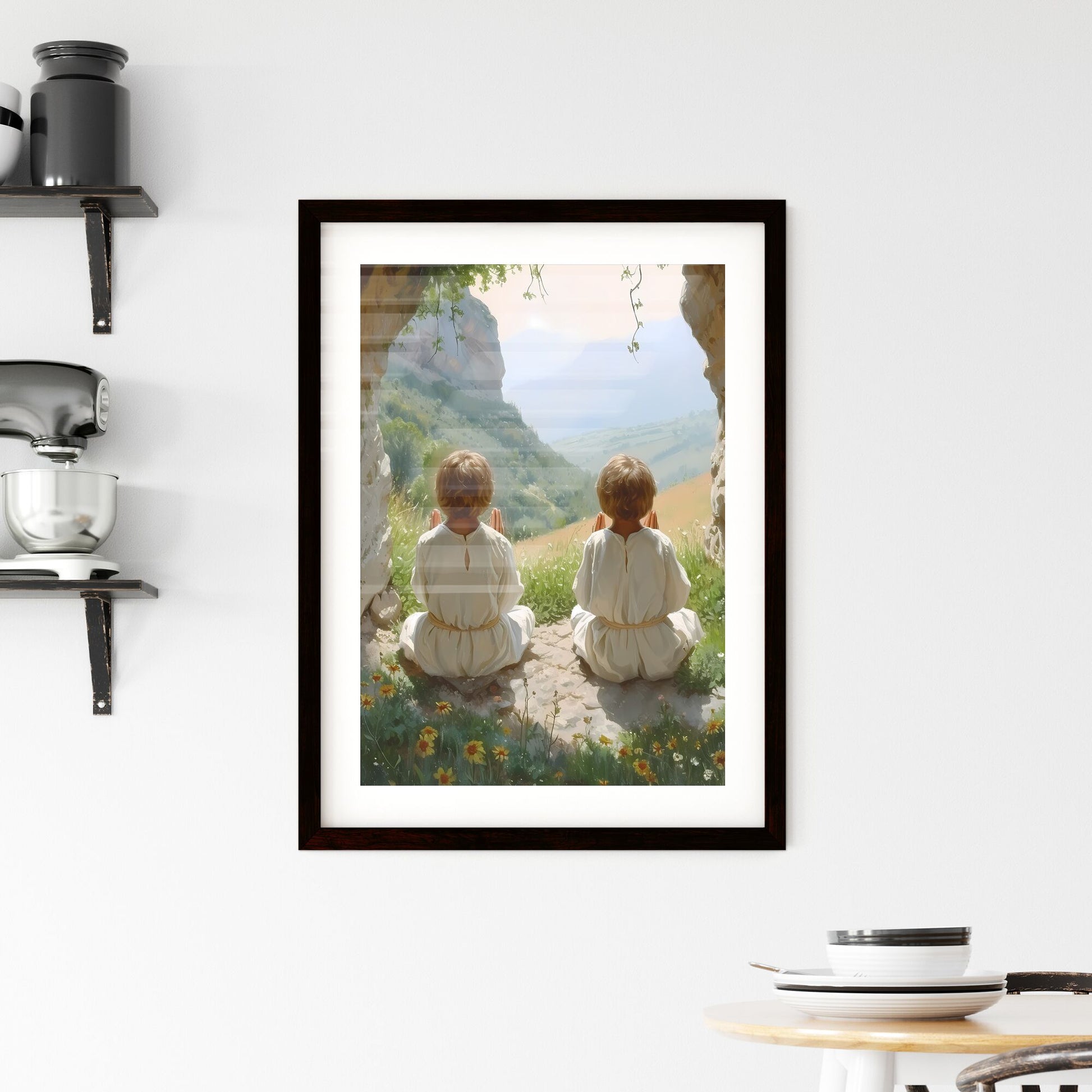 Two young man, Cain and Abel, praying to God in a sacred place - Art print of two children sitting in a cave looking at a valley Default Title