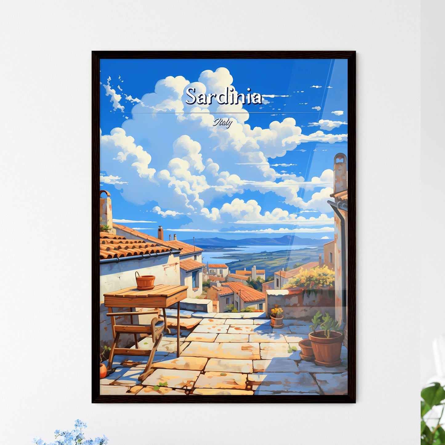 On the roofs of Sardinia, Italy - Art print of a stone patio with a table and plants on it Framed Art