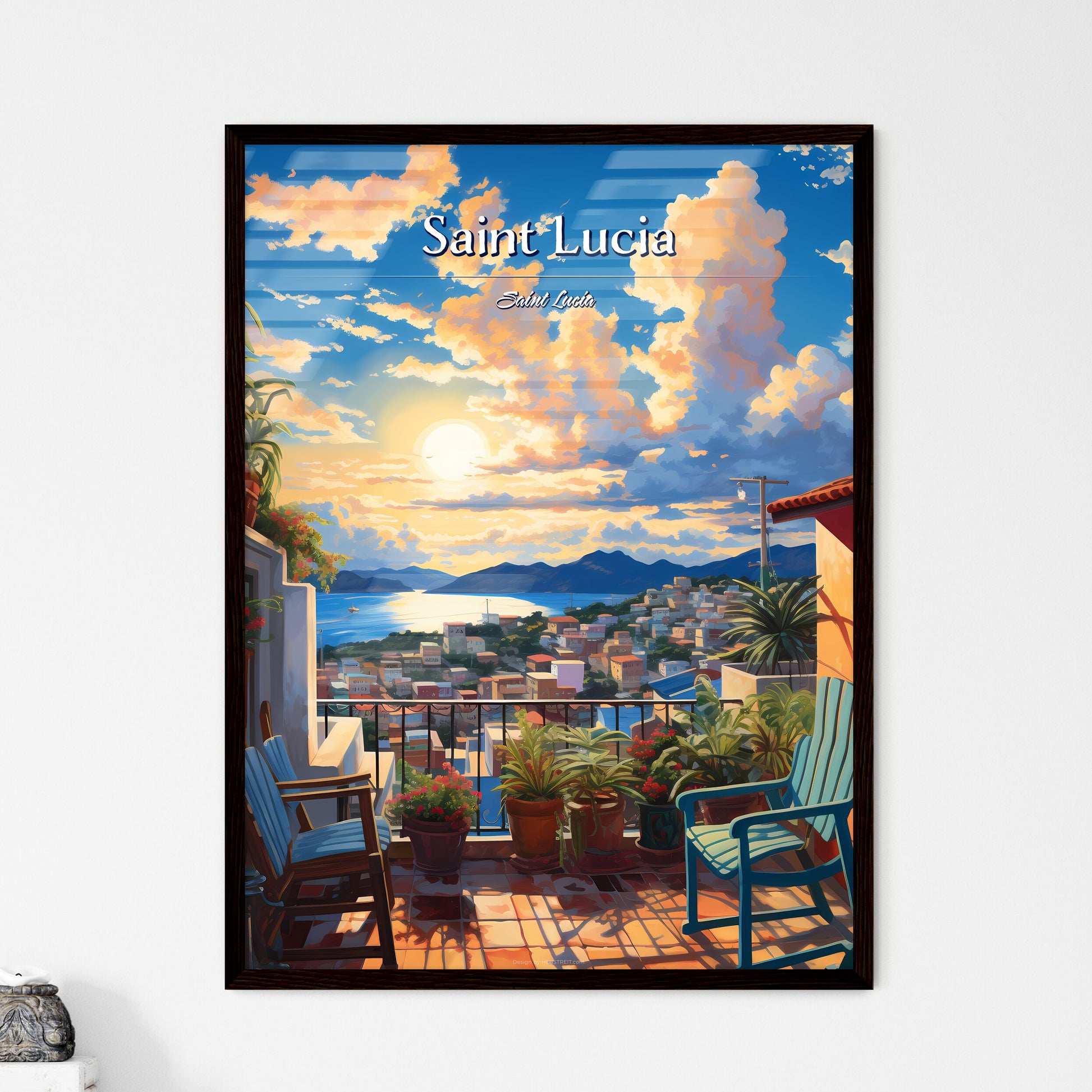 On the roofs of Saint Lucia, Saint Lucia - Art print of a balcony with chairs and plants on it Framed Art