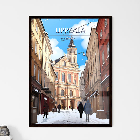 Uppsala, Sweden, - Art print of a group of people walking in a street with buildings and a building Framed Art