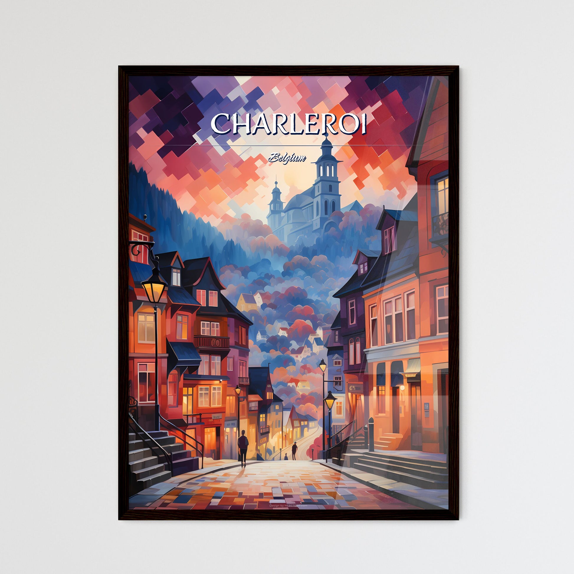Charleroi, Belgium - Art print of a street with buildings and a church in the background Framed Art
