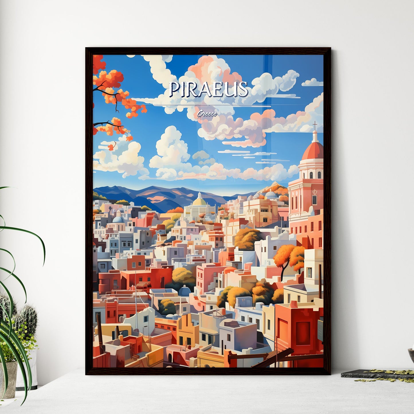 Piraeus, Greece - Art print of a colorful cityscape with mountains and trees Framed Art