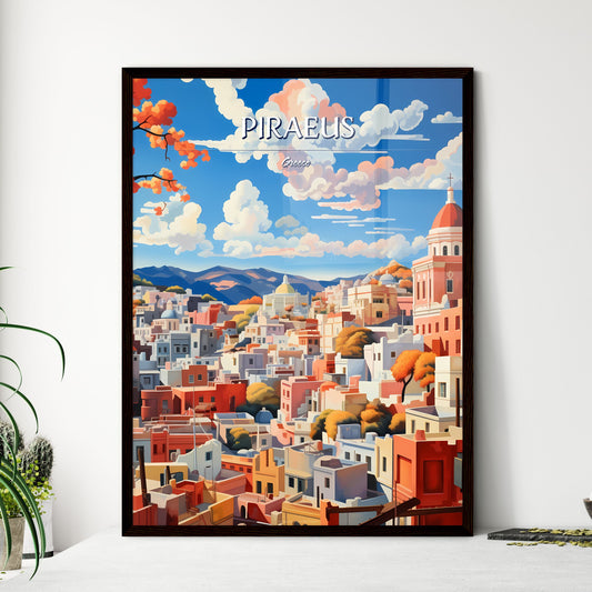 Piraeus, Greece - Art print of a colorful cityscape with mountains and trees Framed Art
