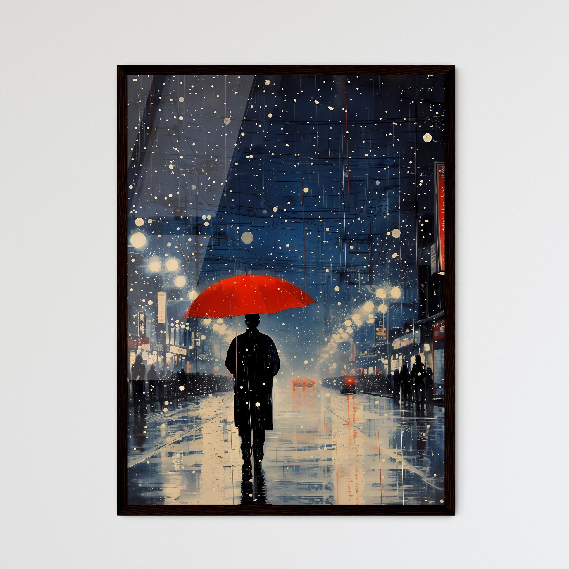 Expect a sprinkle of luck today - Art print of a person holding a red umbrella walking down a street Framed Art