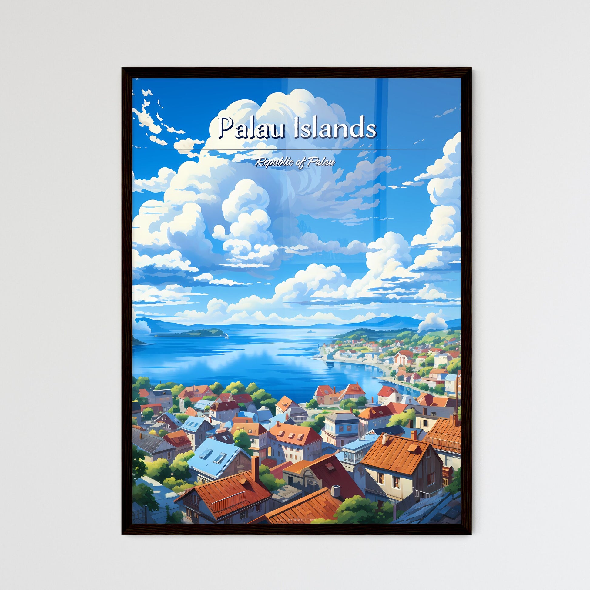On the roofs of Palau Islands, Republic of Palau - Art print of a city by the water Framed Art