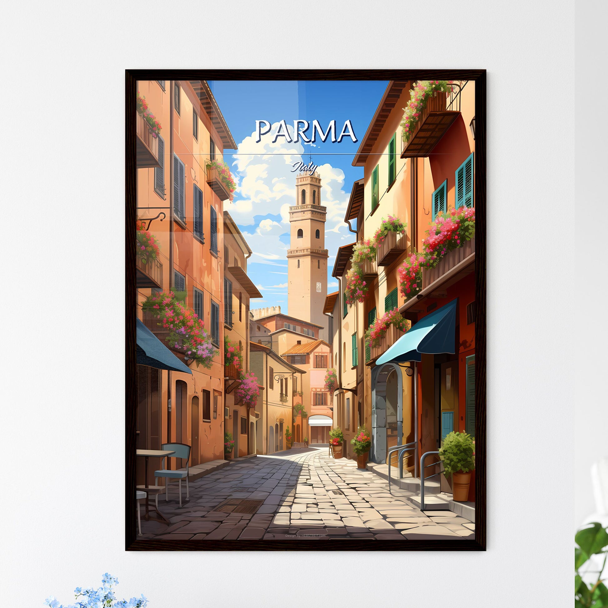 Parma, Italy - Art print of a street with buildings and a tower Framed Art