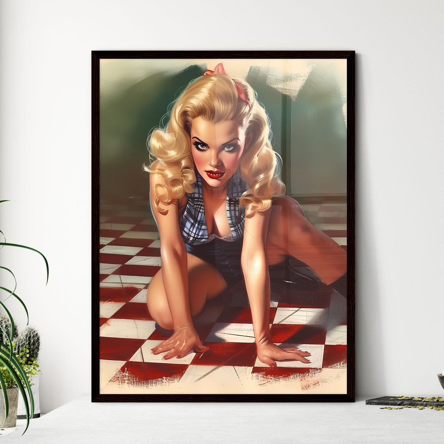 Watercolour rockabilly pin up girl pretty ta - Framed Art Print