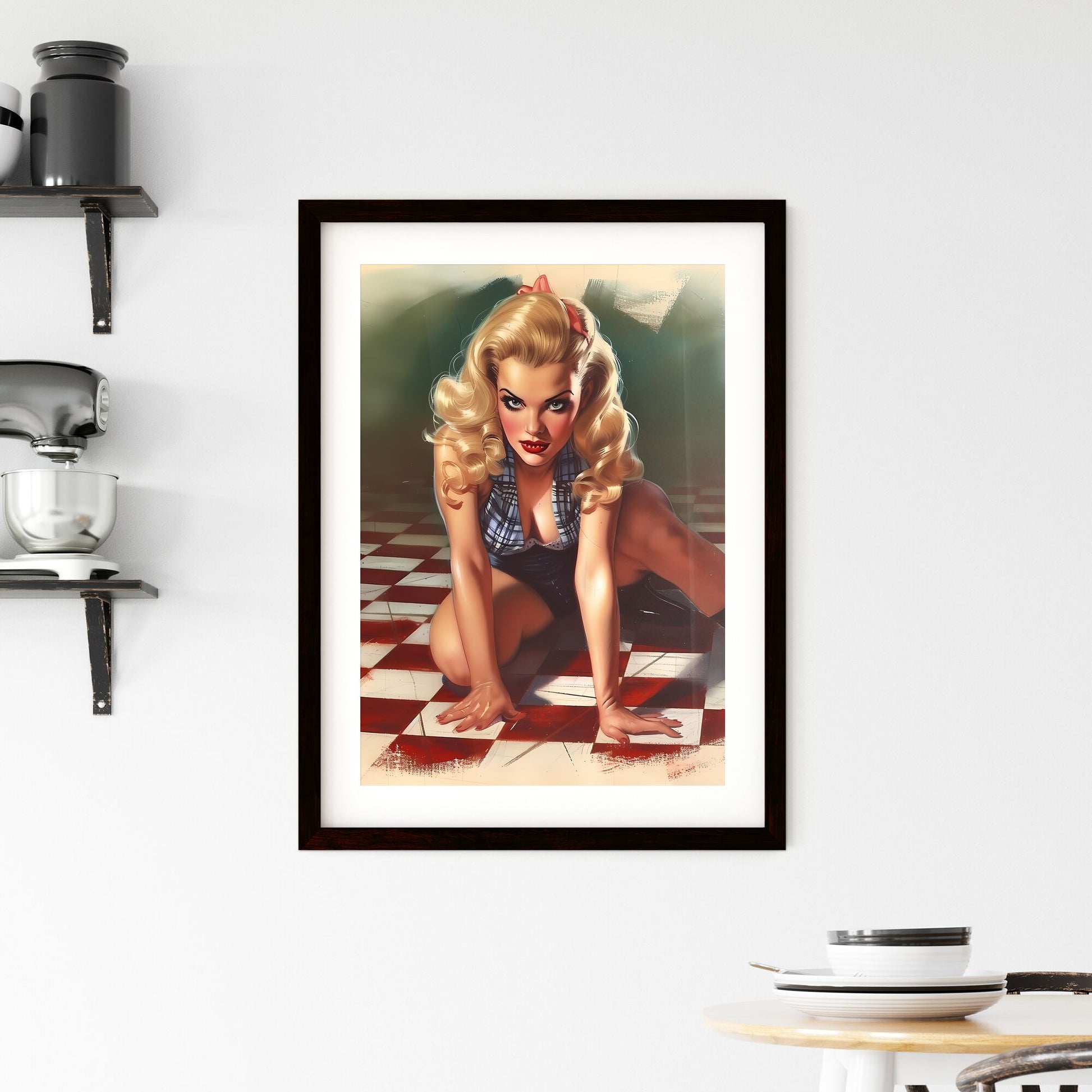 Watercolour rockabilly pin up girl pretty takes a move on dance floor - Art print of a woman with blonde hair and red lips Default Title