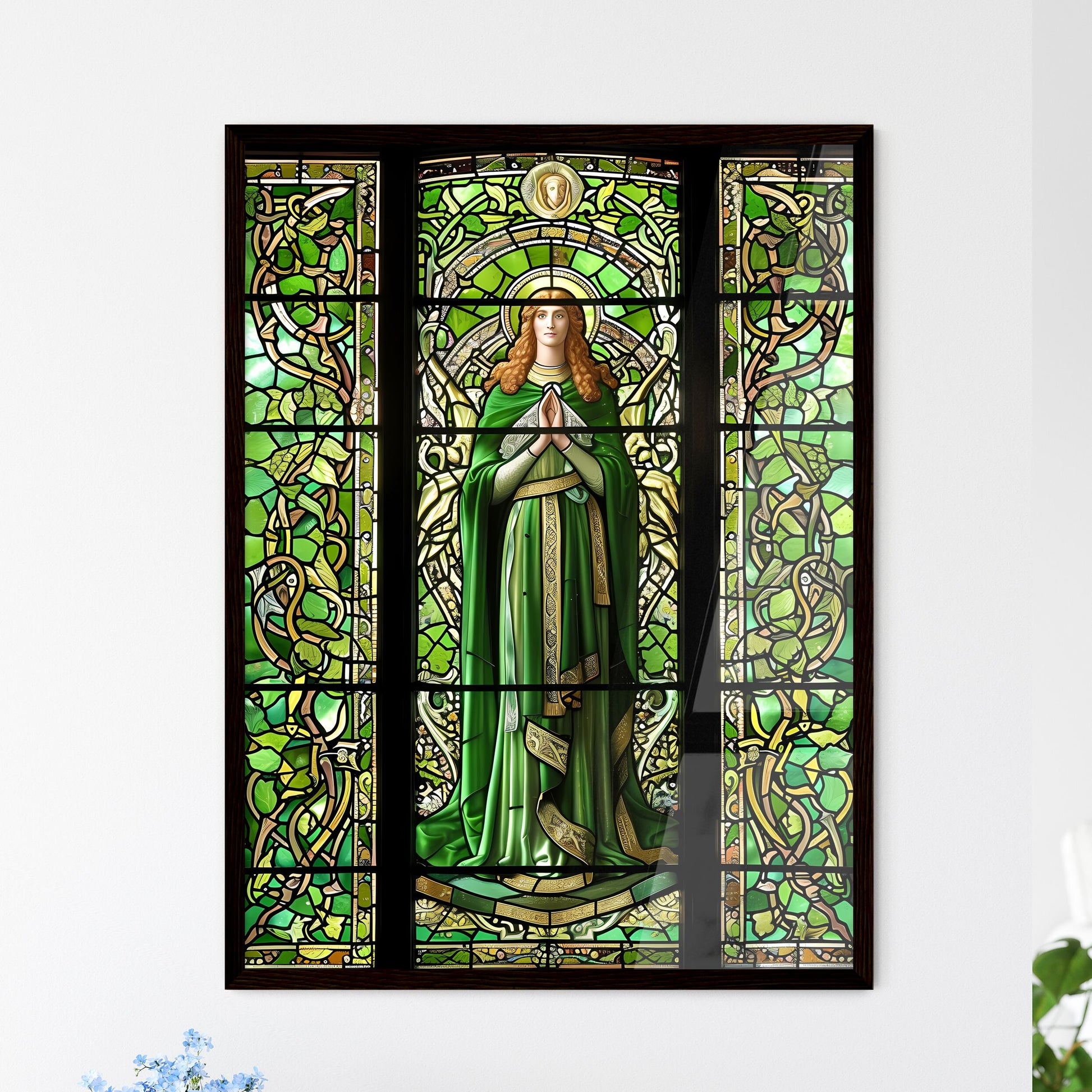 St. Brigid pray for us - Art print of a stained glass window with a woman in a green robe Default Title