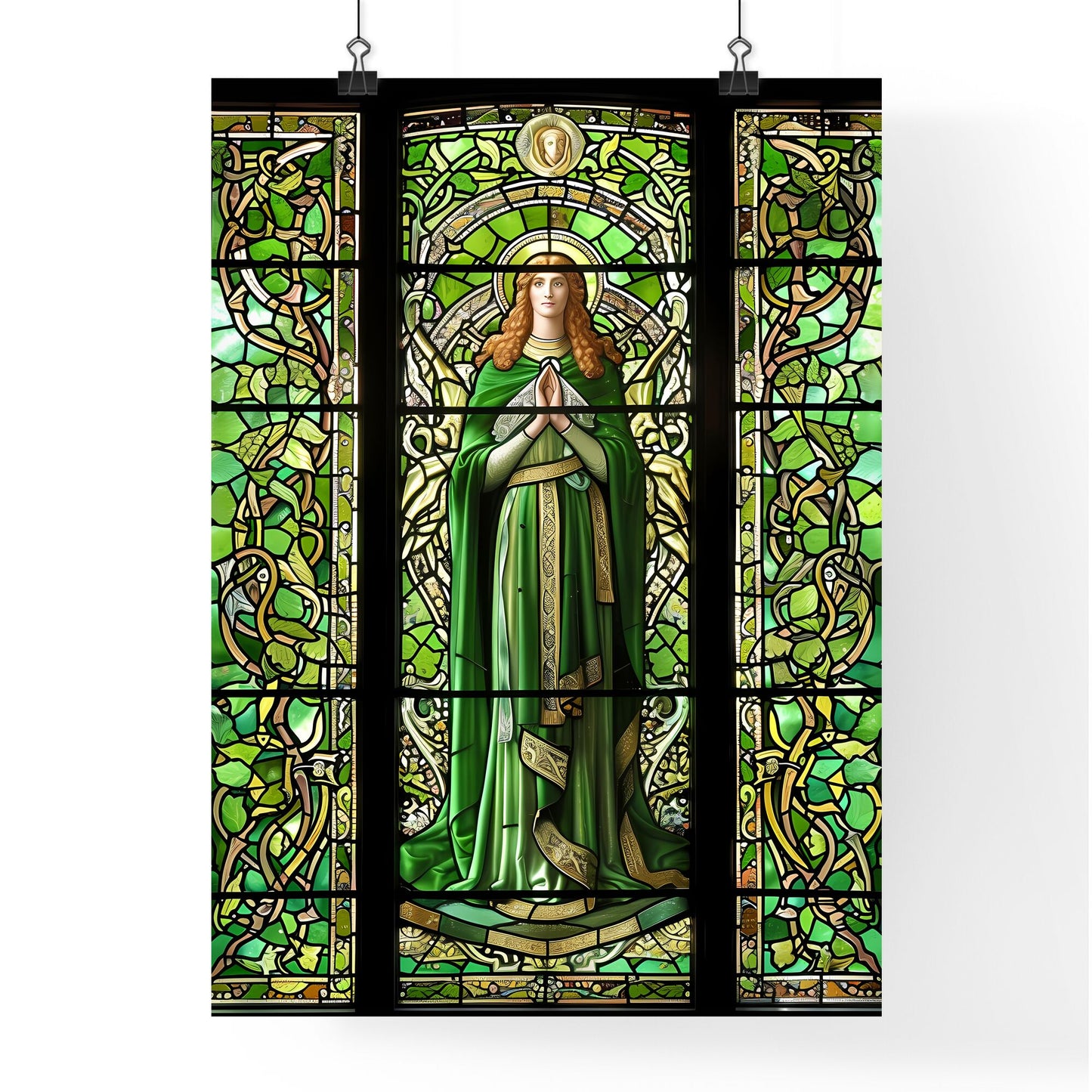 St. Brigid pray for us - Art print of a stained glass window with a woman in a green robe Default Title