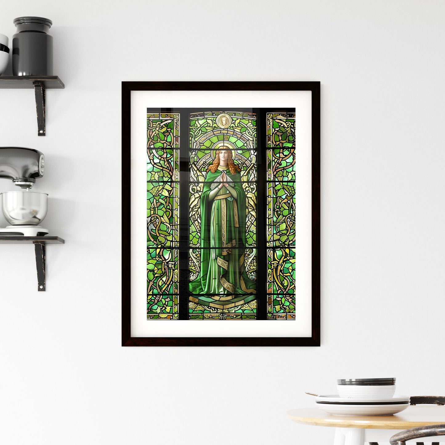 St. Brigid pray for us - Art print of a stained glass window with a woman in a green robe Default Title