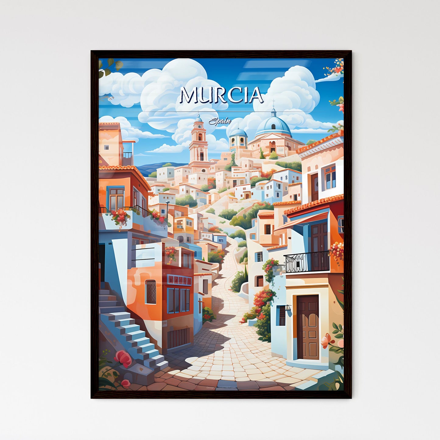 Murcia, Spain - Art print of a colorful city with blue sky and clouds Framed Art