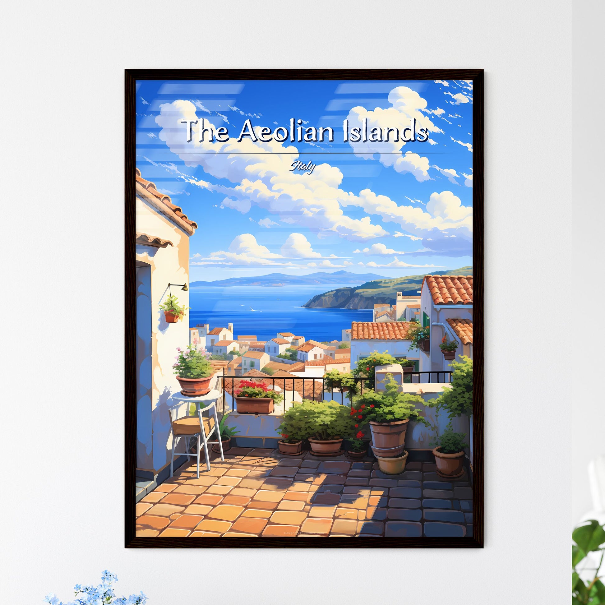 On the roofs of The Aeolian Islands, Italy - Art print of a view of a town from a balcony Framed Art