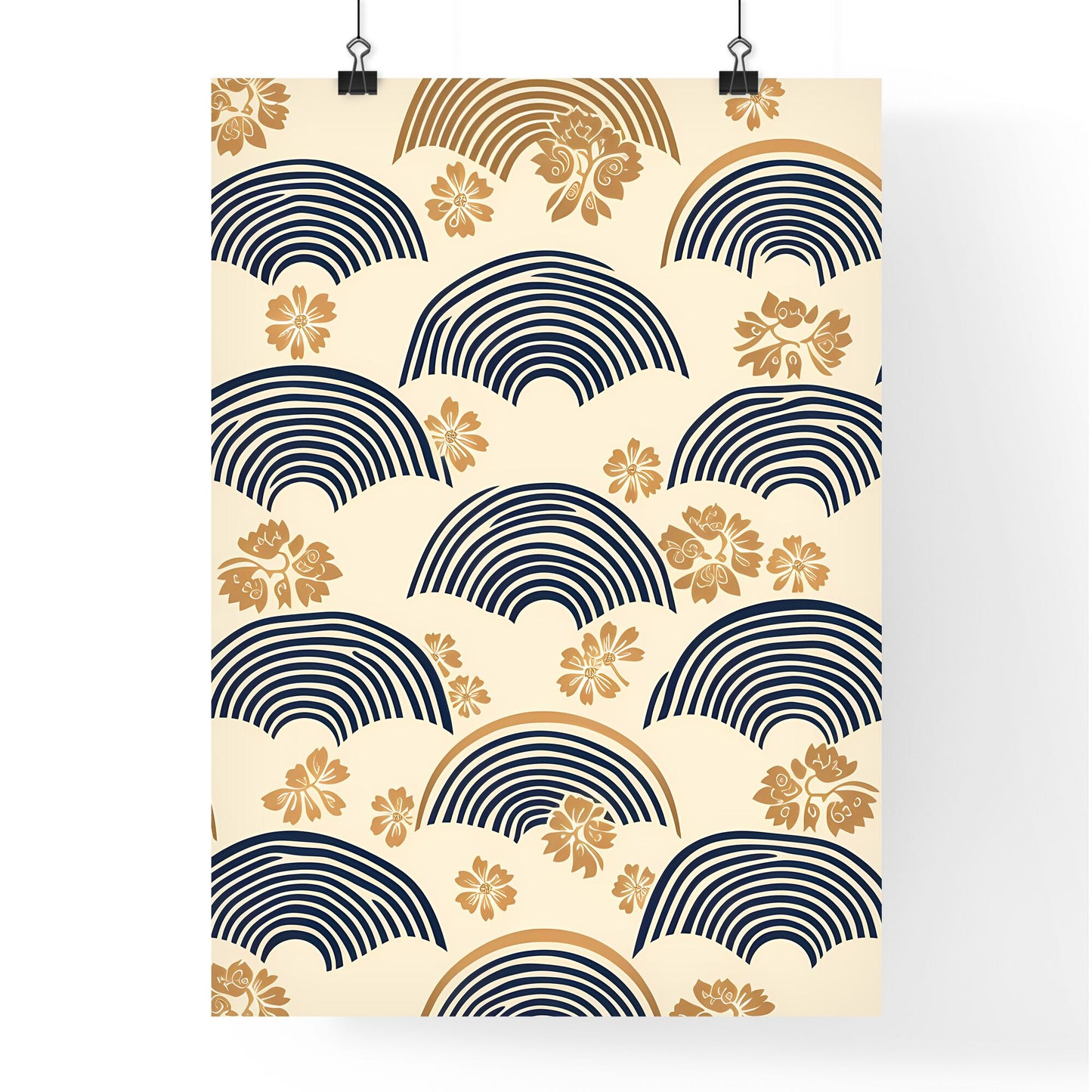 Pattern design, pattern road, Chinese style, ancient style - Art print of a pattern of blue and gold flowers and circles Default Title