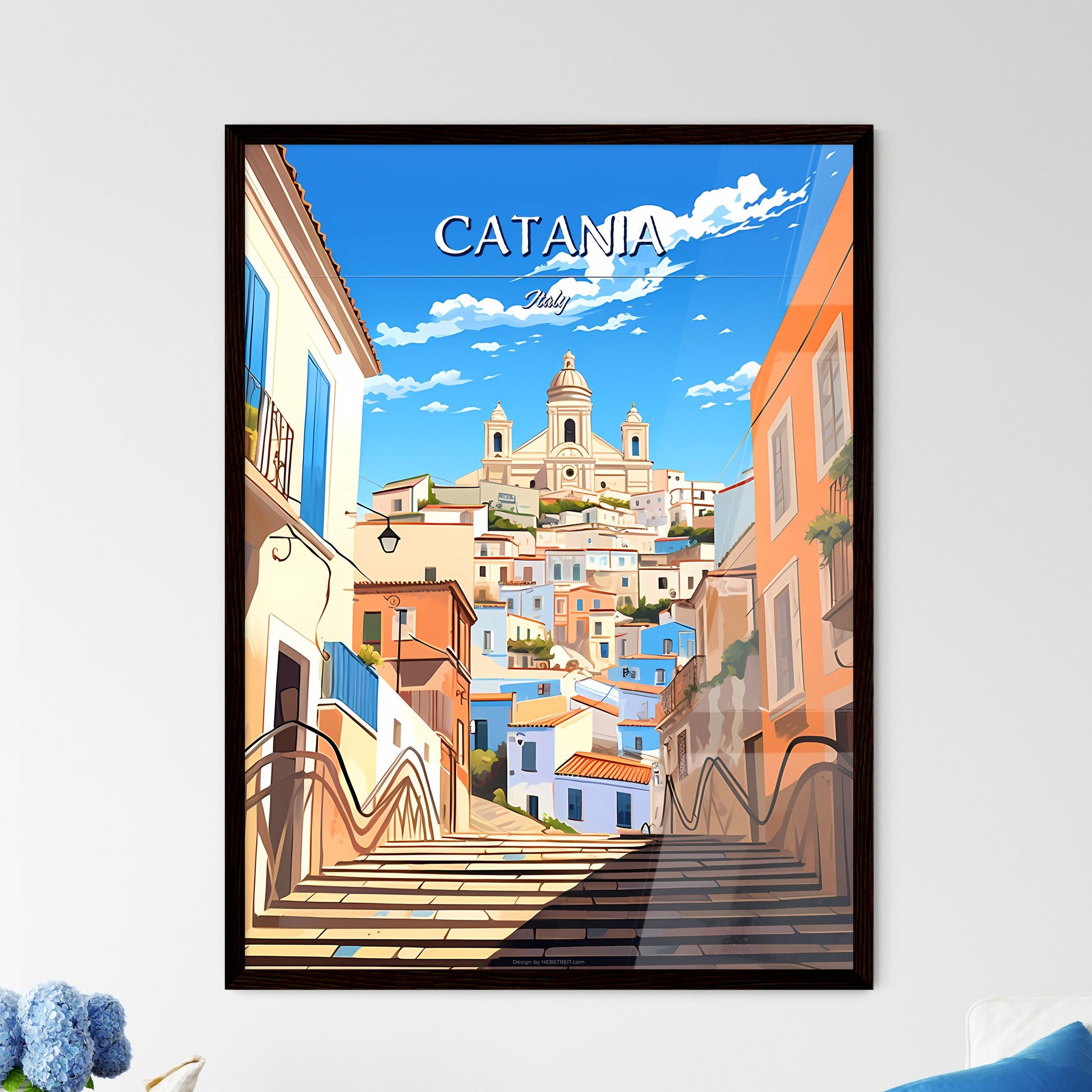 Catania, Italy - Art print of a staircase leading to a city Framed Art