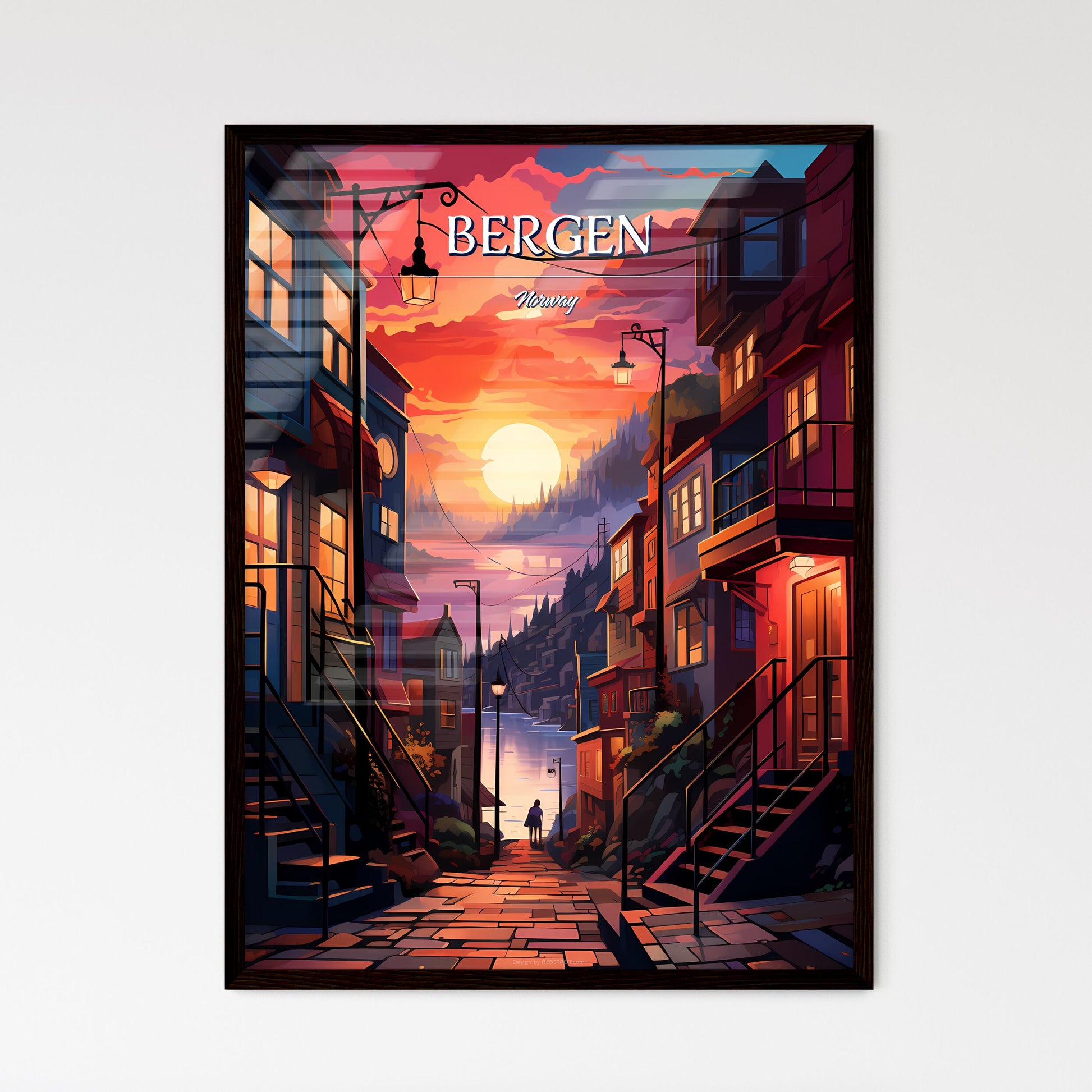 Bergen, Norway - Art print of a street with buildings and a river Framed Art