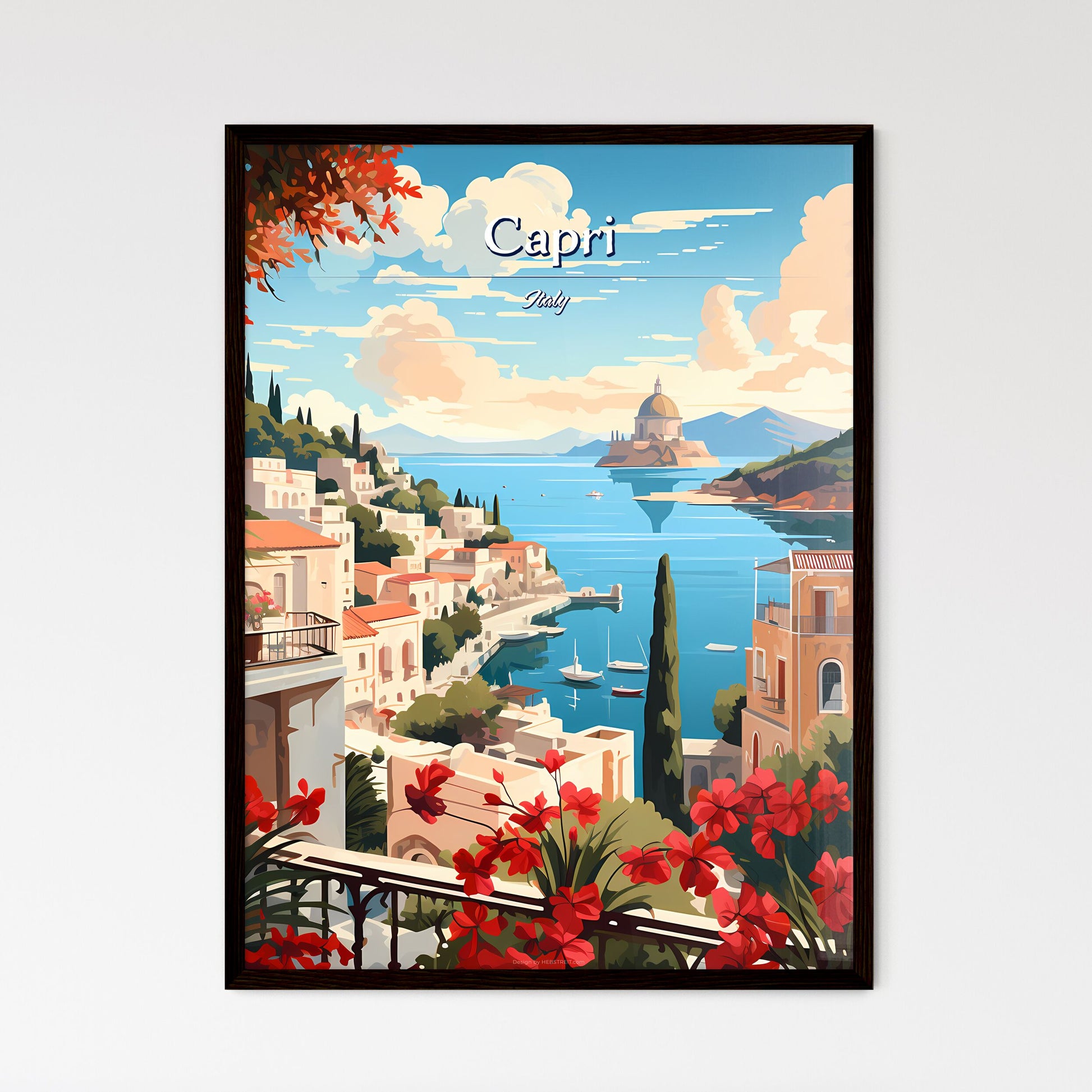 Capri, Italy - Art print of a painting of a town by the water Framed Art