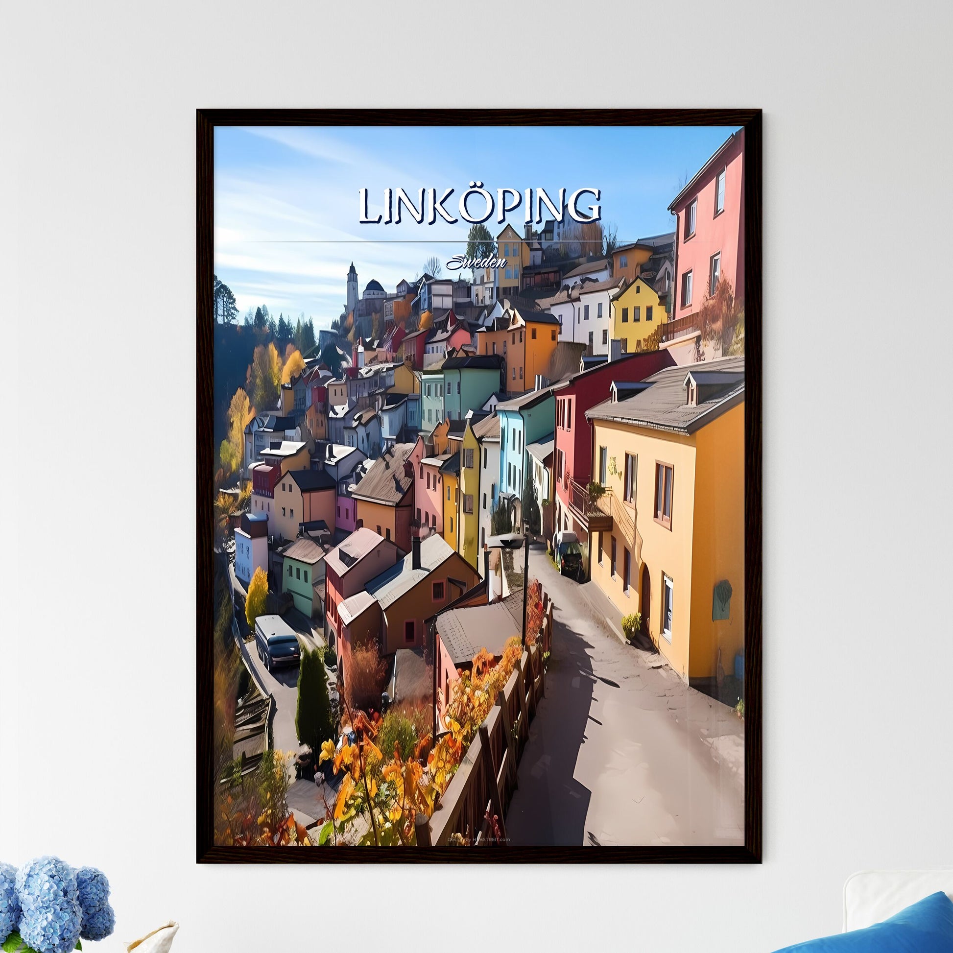 Linköping, Sweden, - Art print of a colorful houses on a hill Framed Art