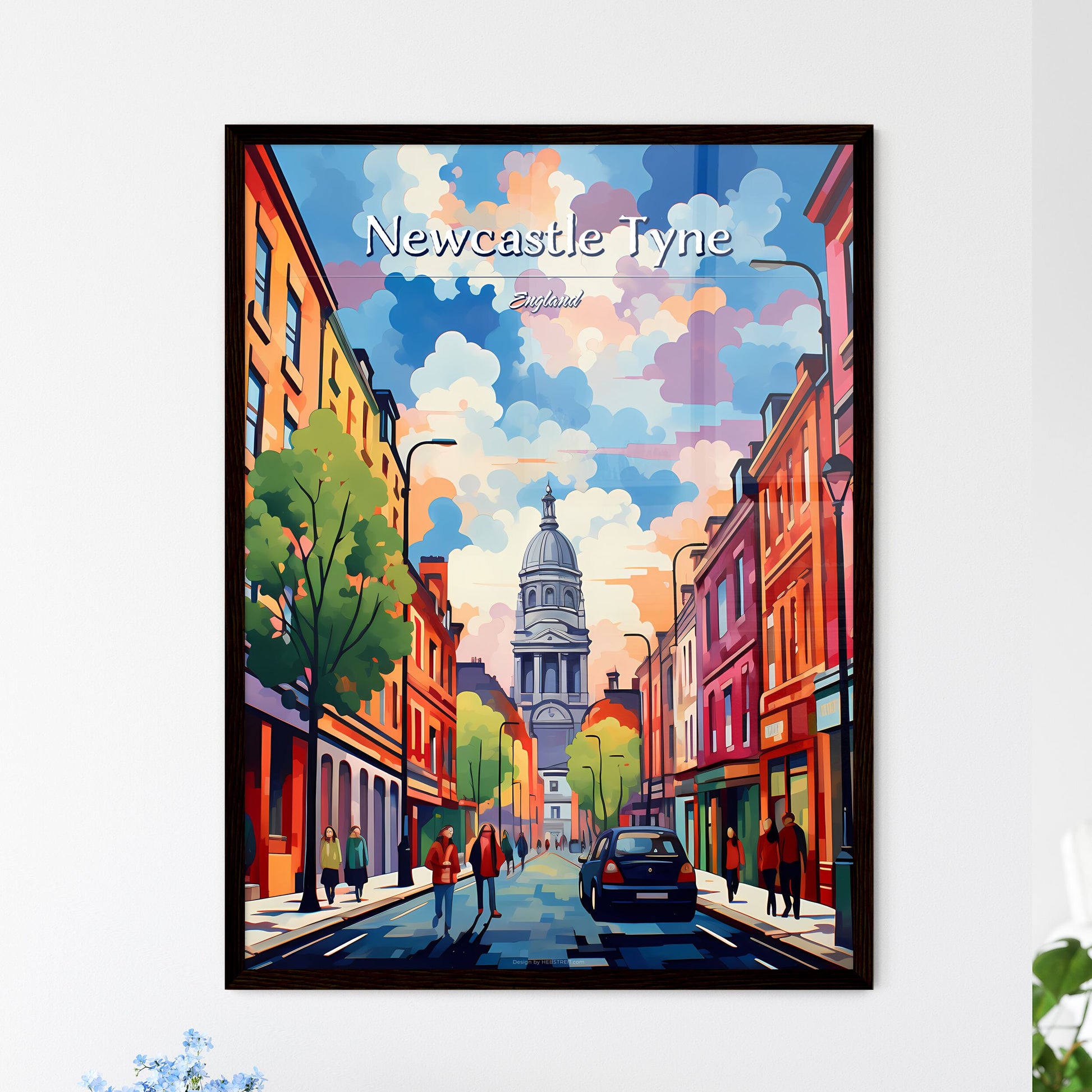 Newcastle upon Tyne, England - Art print of a street with cars and people walking on it Framed Art