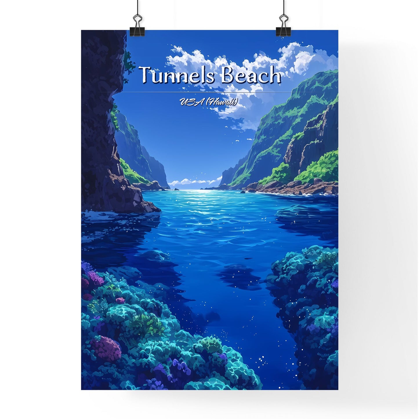 Tunnels Beach, USA (Hawaii) - Art print of a blue water with corals and rocks Default Title