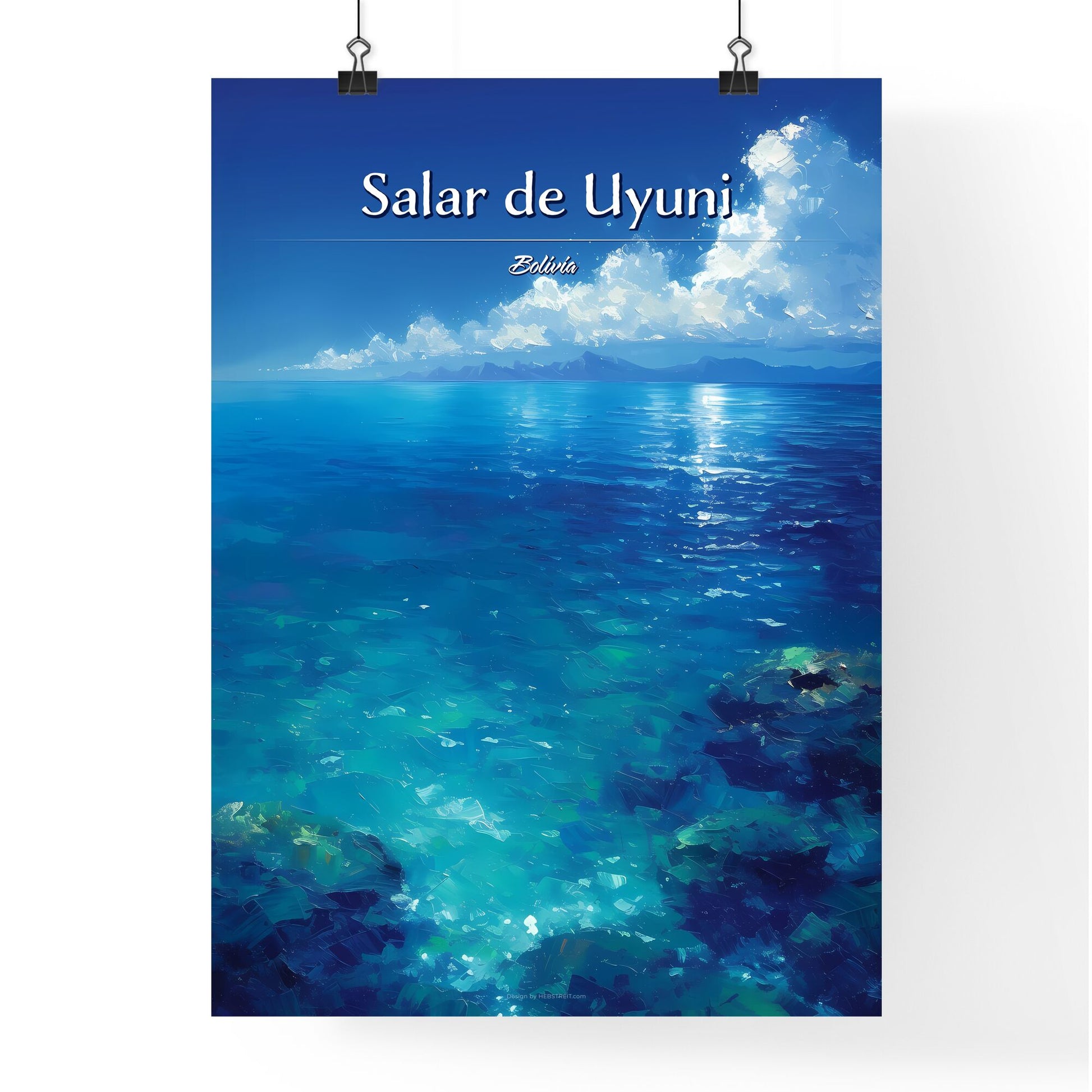 Salar de Uyuni, Bolivia - Art print of a blue ocean with rocks and clouds in the sky Default Title