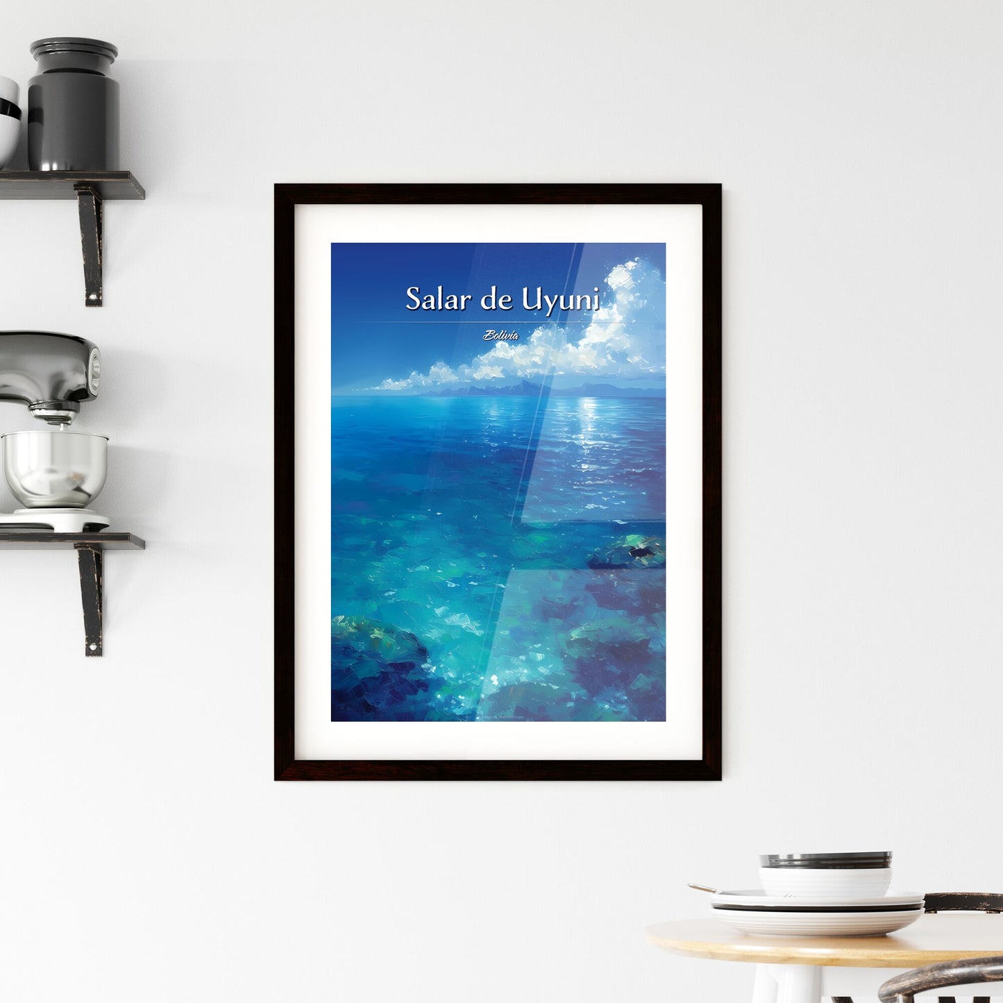 Salar de Uyuni, Bolivia - Art print of a blue ocean with rocks and clouds in the sky Default Title