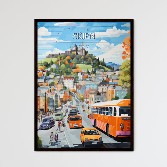 Skien, Norway - Art print of a painting of a city with a castle on a hill Framed Art