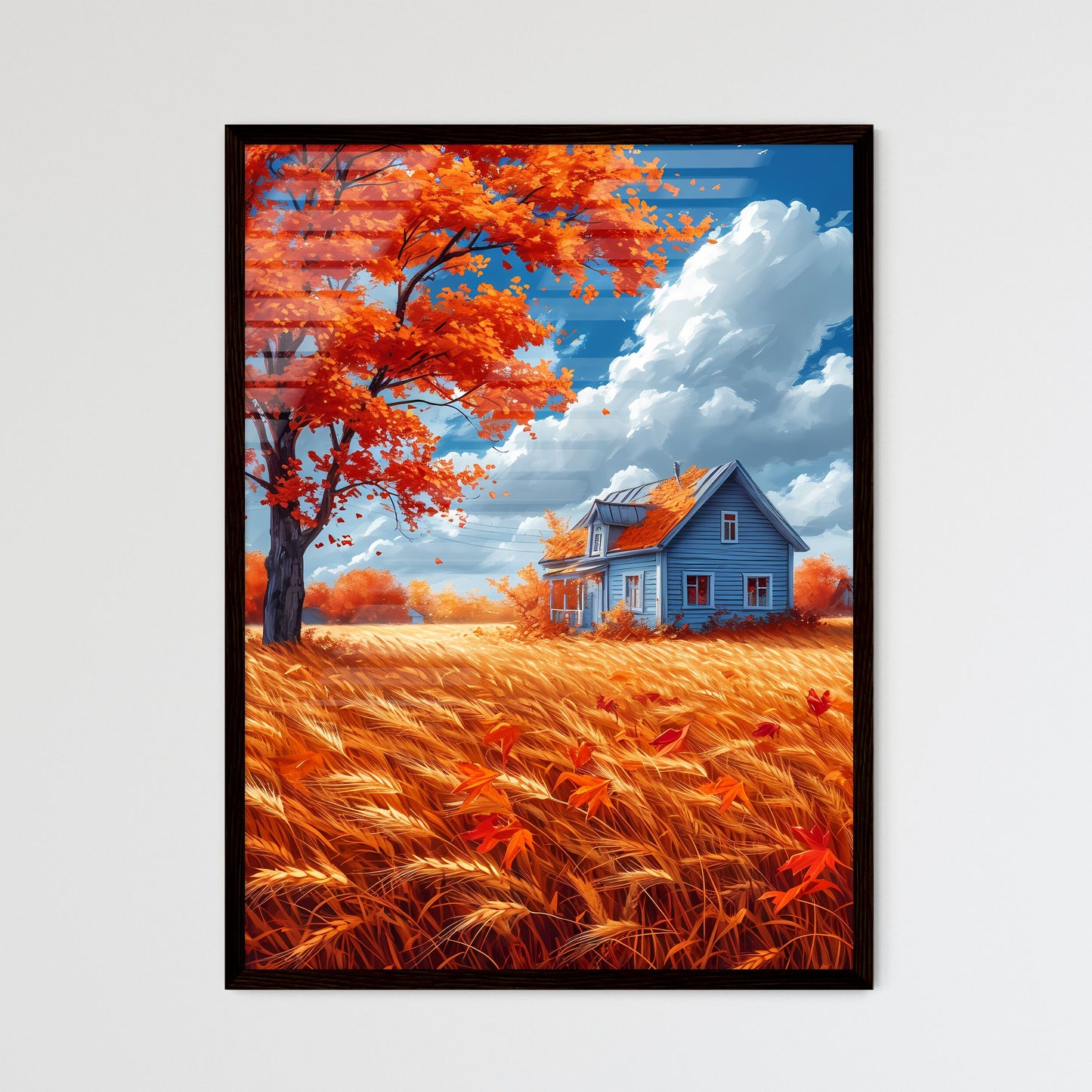 Autumn scenery, yellow wheat fields - Art print of a house in a field of wheat Framed Art