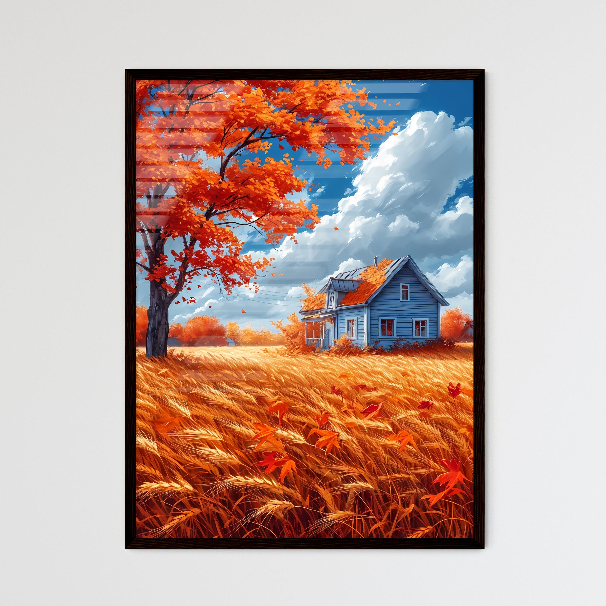 Autumn scenery, yellow wheat fields - Art print of a house in a field of wheat Framed Art