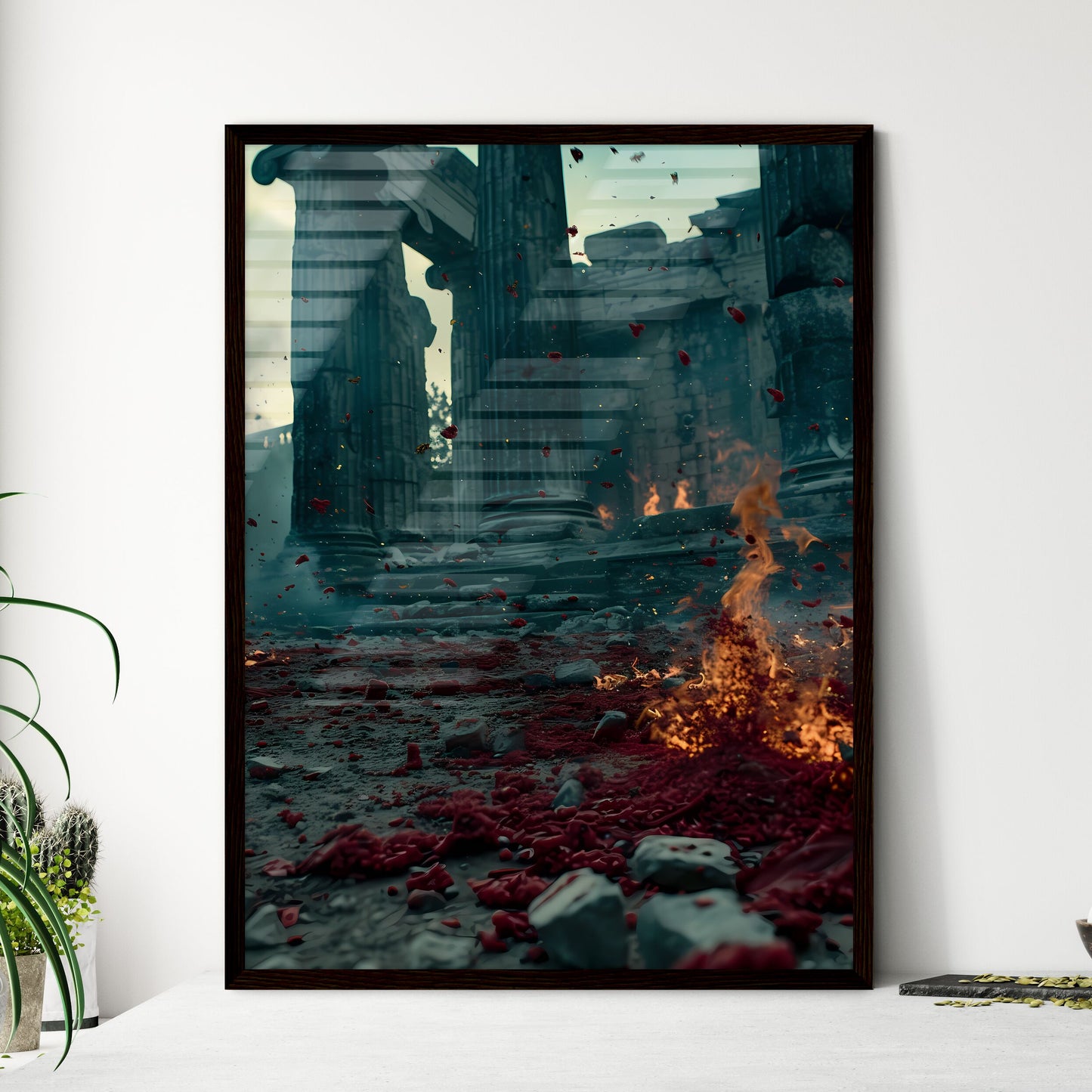 Heroes of the Christian faith, martyrs who gave their lives - Art print of a fire in front of a building Framed Art