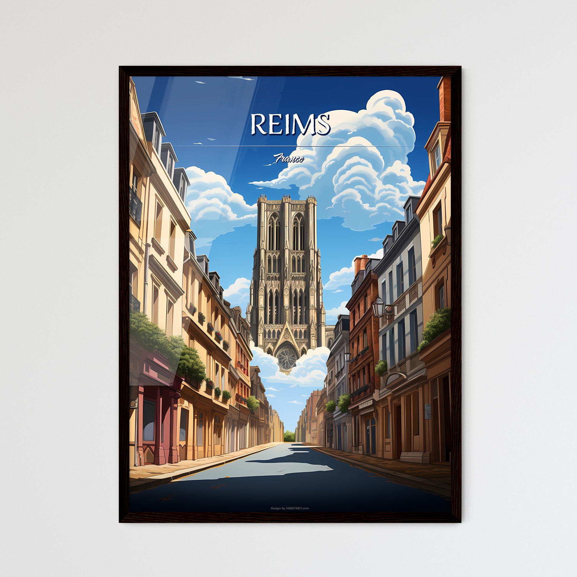 Reims, France - Art print of a street with buildings and a tall building in the sky Framed Art