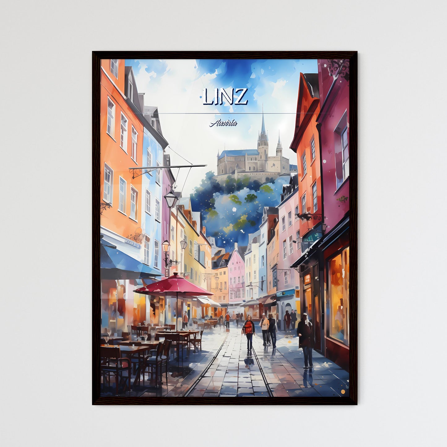 Linz, Austria - Art print of a street with tables and chairs and buildings with a castle in the background Framed Art