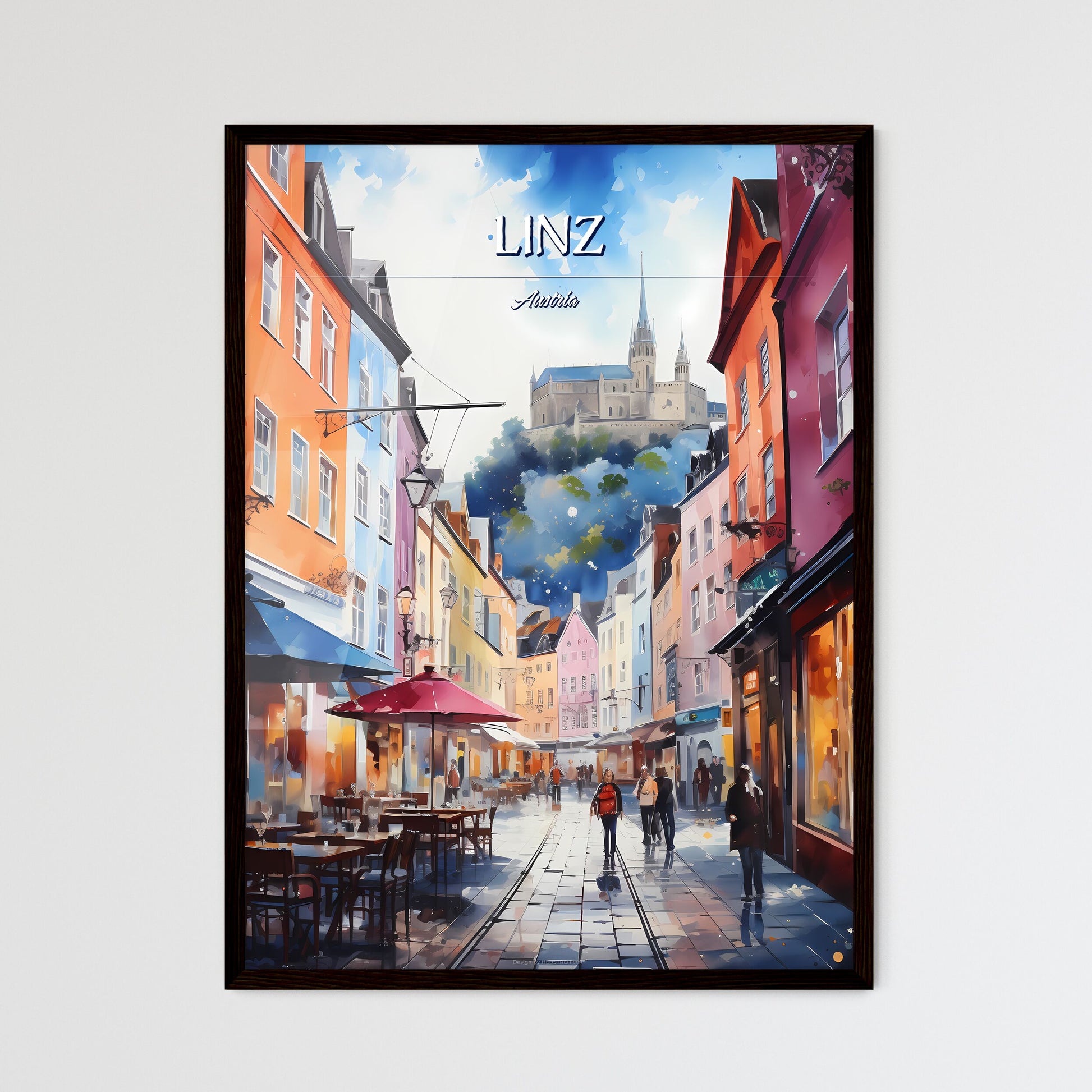 Linz, Austria - Art print of a street with tables and chairs and buildings with a castle in the background Framed Art