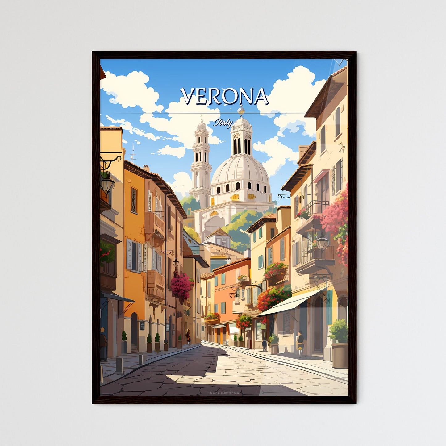 Verona, Italy - Art print of a street with buildings and a dome in the background Framed Art