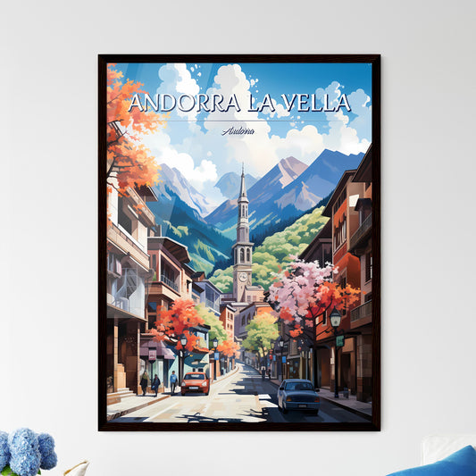 Andorra la Vella, Andorra - Art print of a street with buildings and trees and mountains in the background Framed Art